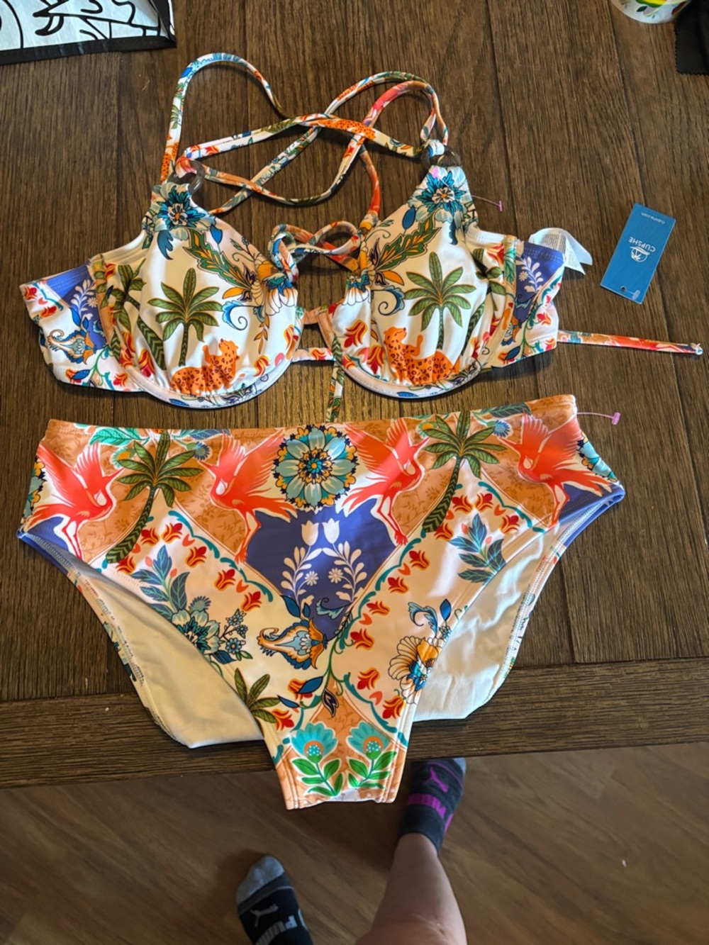 Cupshe White Multicolor Tropical Print Underwire Crisscross Bikini